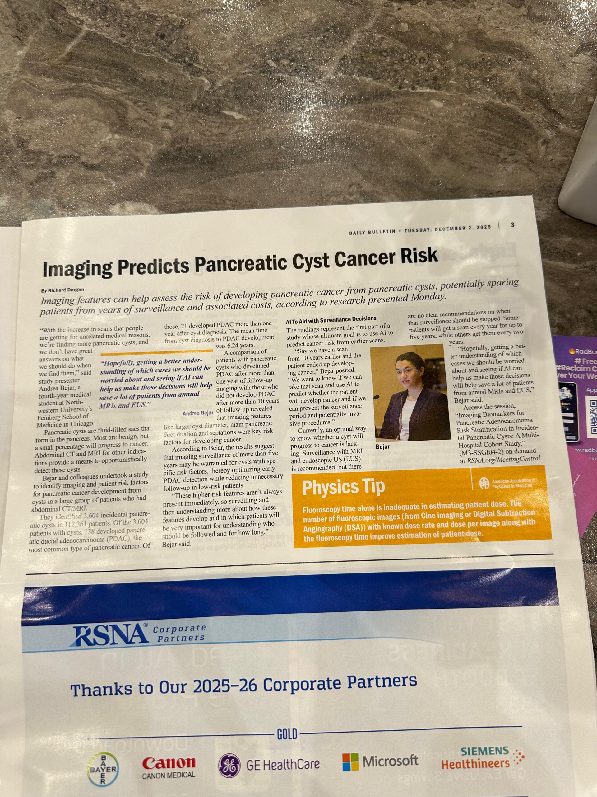 Andrea Bejar’s pancreatic cancer research featured in RSNA News — original accompanying document or figure
